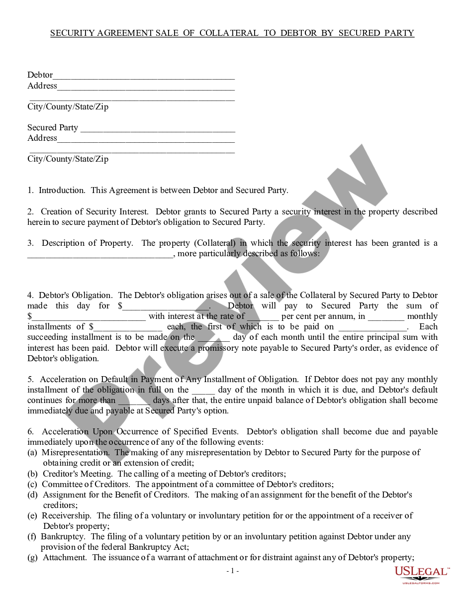 page 0 Security Agreement involving Sale of Collateral by Debtor preview