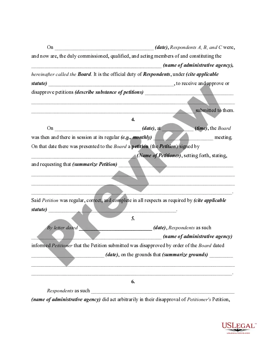 Get Petition or Application to Compel Approval of Matters Submitted After Arbitrary Disapproval by Administrative Agency Preview Petition or Application to Compel Approval of Matters Submitted After Arbitrary Disapproval by Administrative Agency
