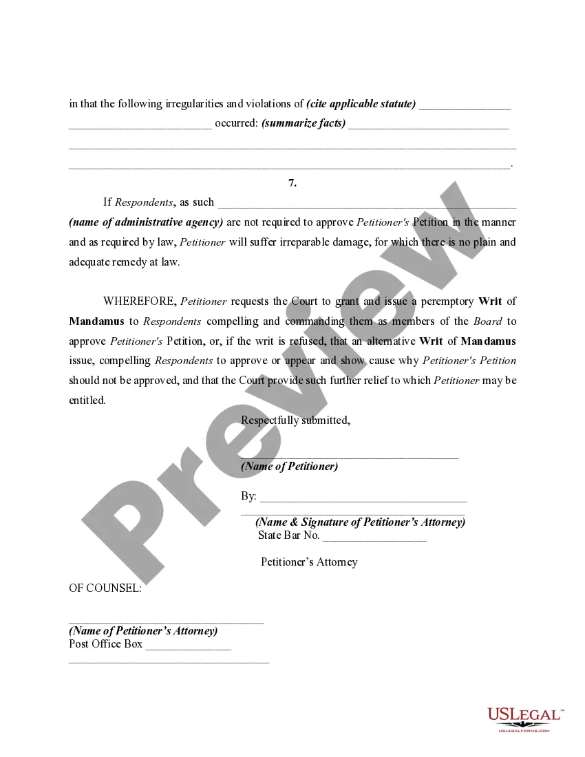 Get Petition or Application to Compel Approval of Matters Submitted After Arbitrary Disapproval by Administrative Agency Preview Petition or Application to Compel Approval of Matters Submitted After Arbitrary Disapproval by Administrative Agency