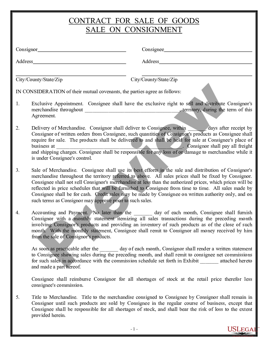 form Contract for Sale of Goods on Consignment preview