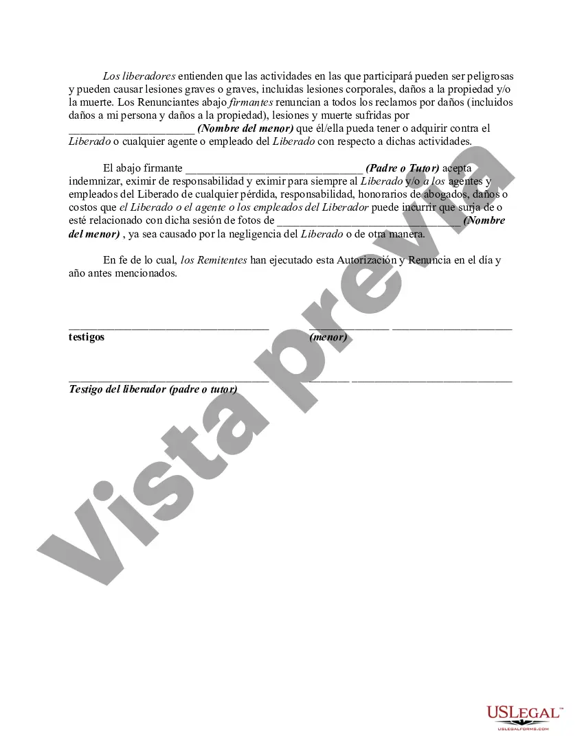 Preview Autorización para fotografiar y exención de responsabilidad por daños a personas o bienes - Menor