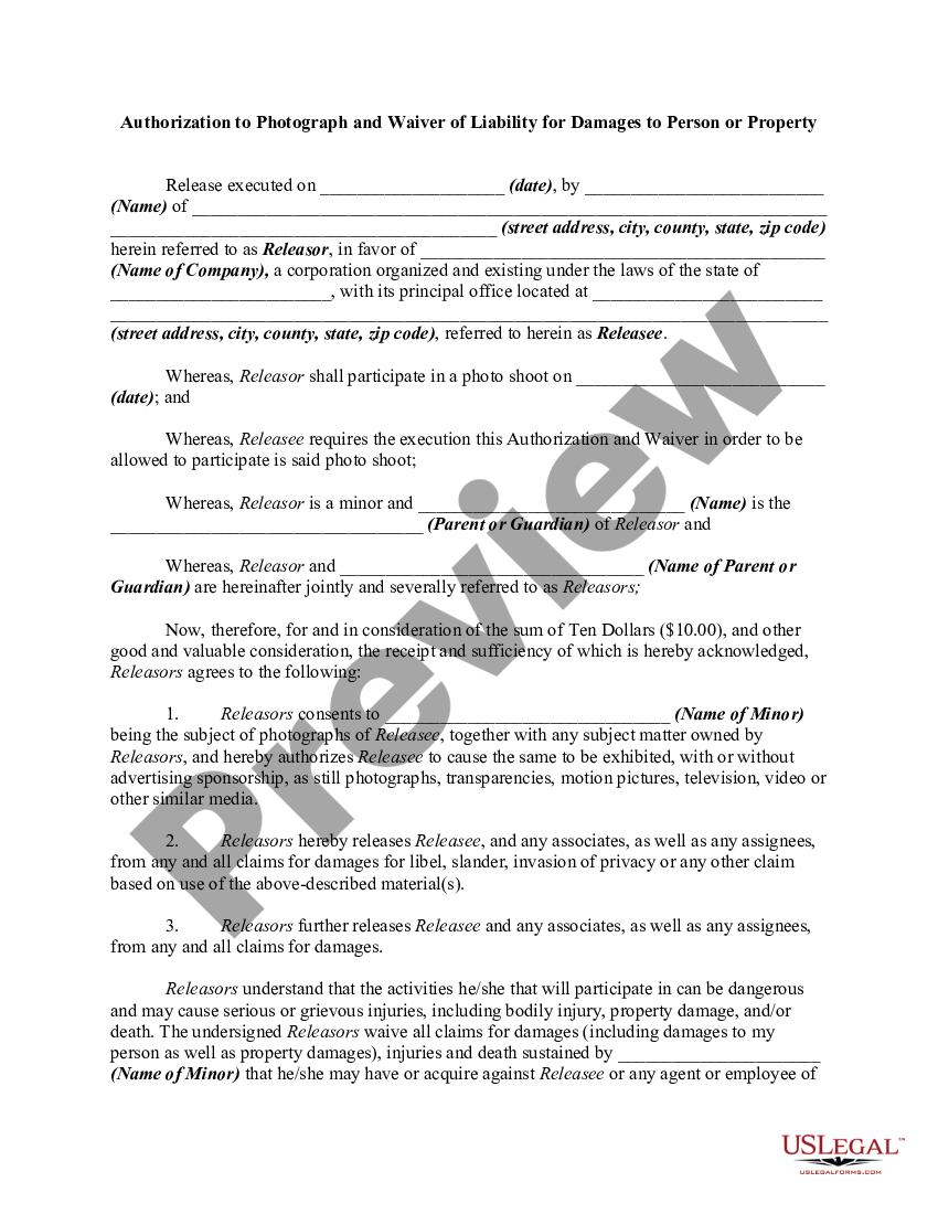 Authorization to Photograph and Waiver of Liability for Damages to ...