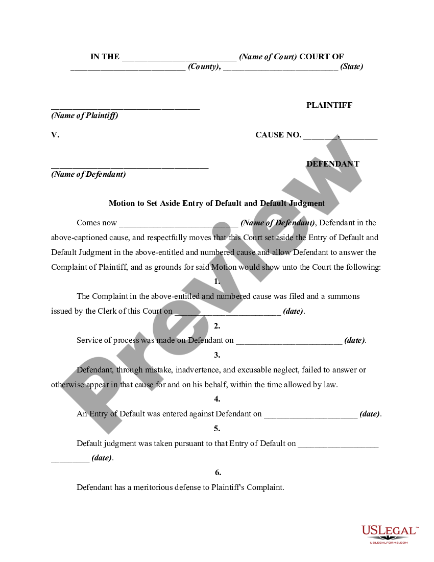 Motion To Set Aside Entry Of Default And Default Judgment Sample 