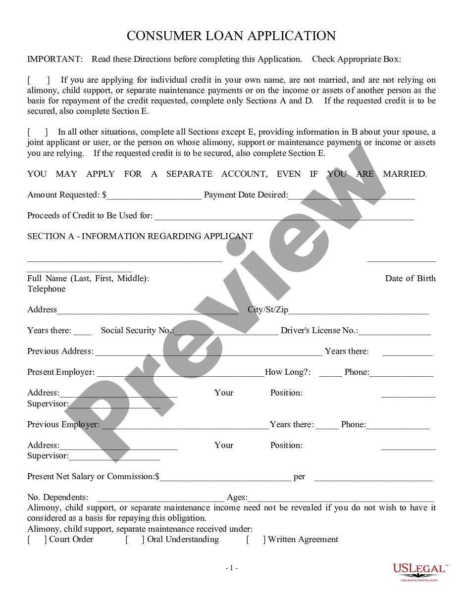 page 0 Consumer Loan Application - Personal Loan Agreement preview