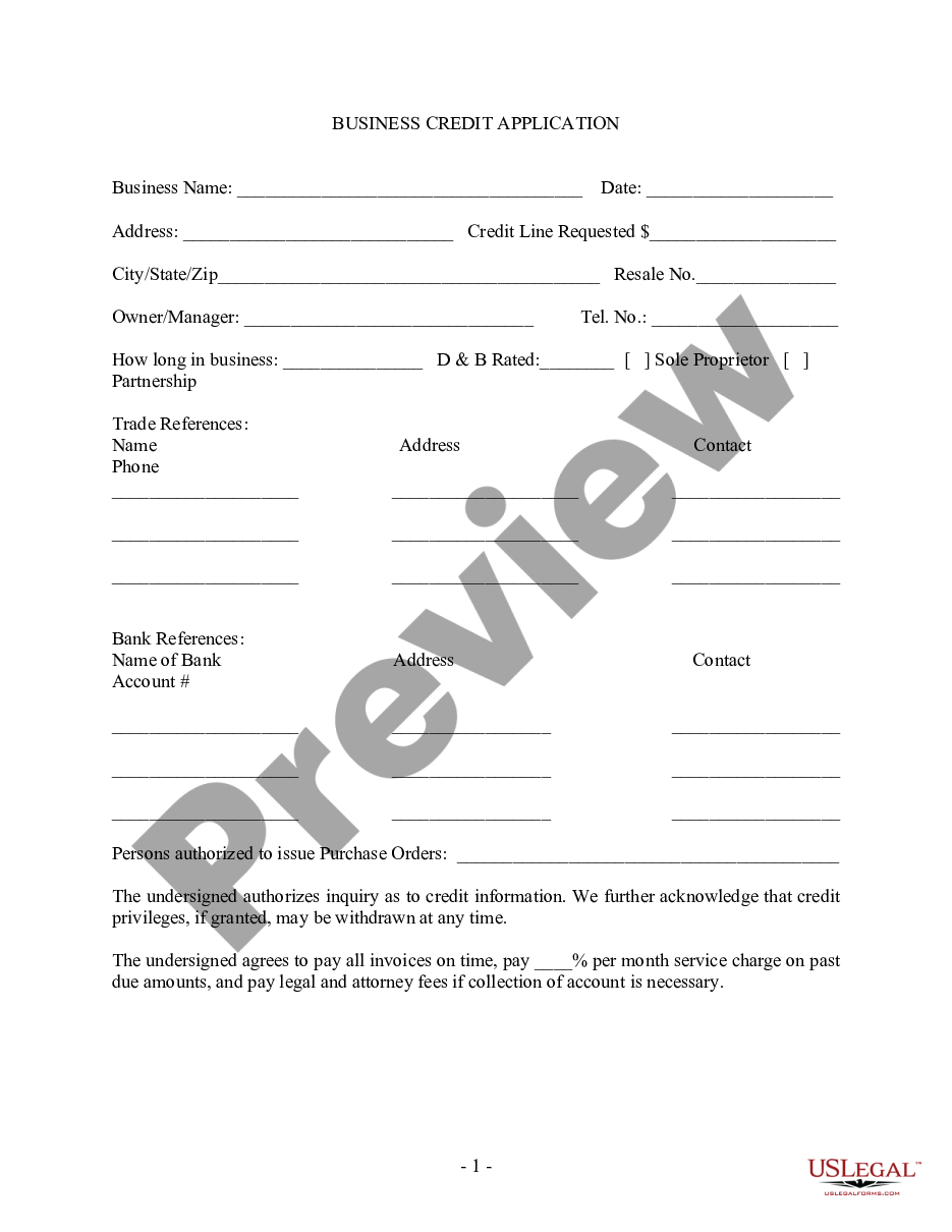 page 0 Business Credit Application preview