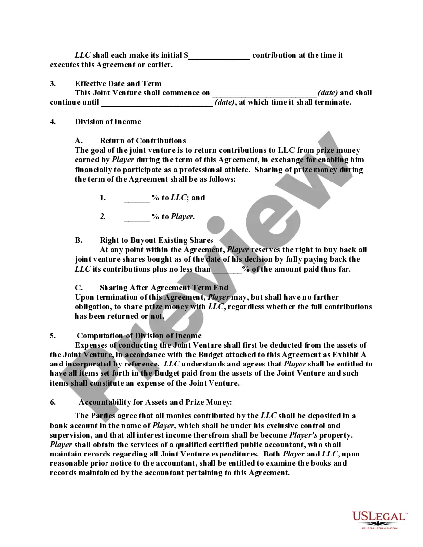 Preview Joint Venture Agreement between a Limited Liability Company and Professional Golfer to Sponsor and Provide Funds