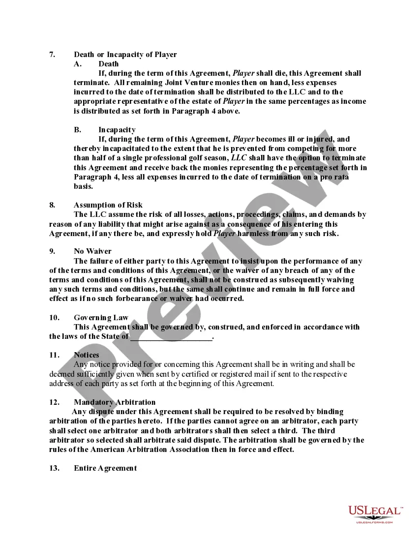 Preview Joint Venture Agreement between a Limited Liability Company and Professional Golfer to Sponsor and Provide Funds