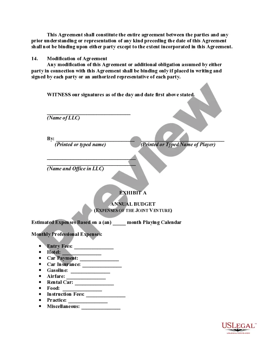 Preview Joint Venture Agreement between a Limited Liability Company and Professional Golfer to Sponsor and Provide Funds