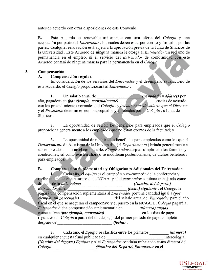 Preview Contrato de trabajo entre la universidad y el entrenador del equipo deportivo de la universidad