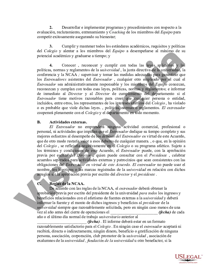 Preview Contrato de trabajo entre la universidad y el entrenador del equipo deportivo de la universidad