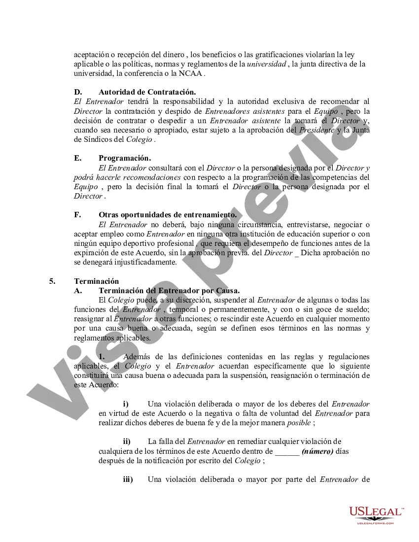 Preview Contrato de trabajo entre la universidad y el entrenador del equipo deportivo de la universidad
