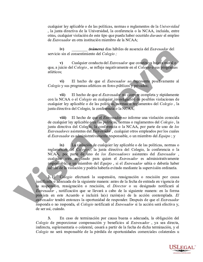 Preview Contrato de trabajo entre la universidad y el entrenador del equipo deportivo de la universidad