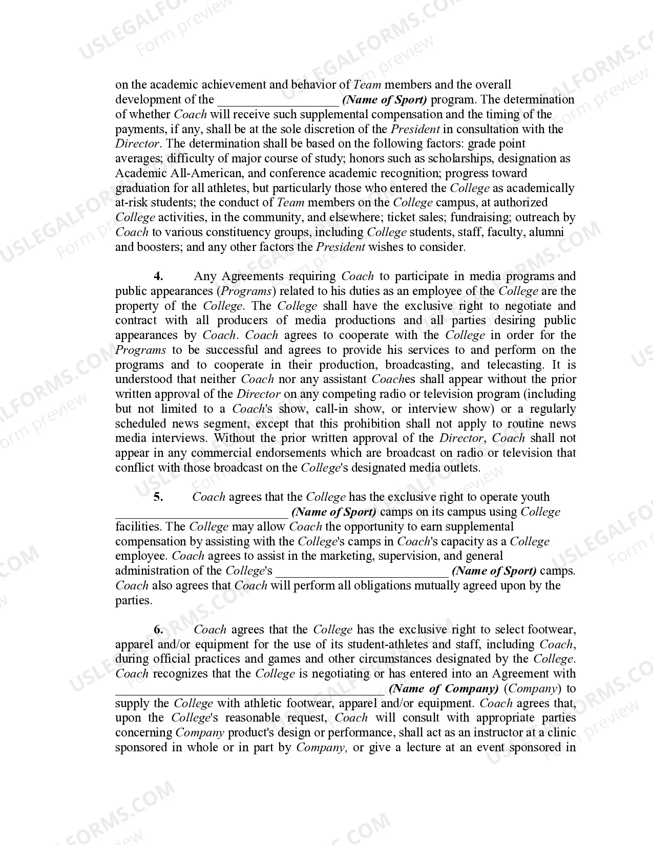 Preview Employment Contract between College and Coach of College Sports Team