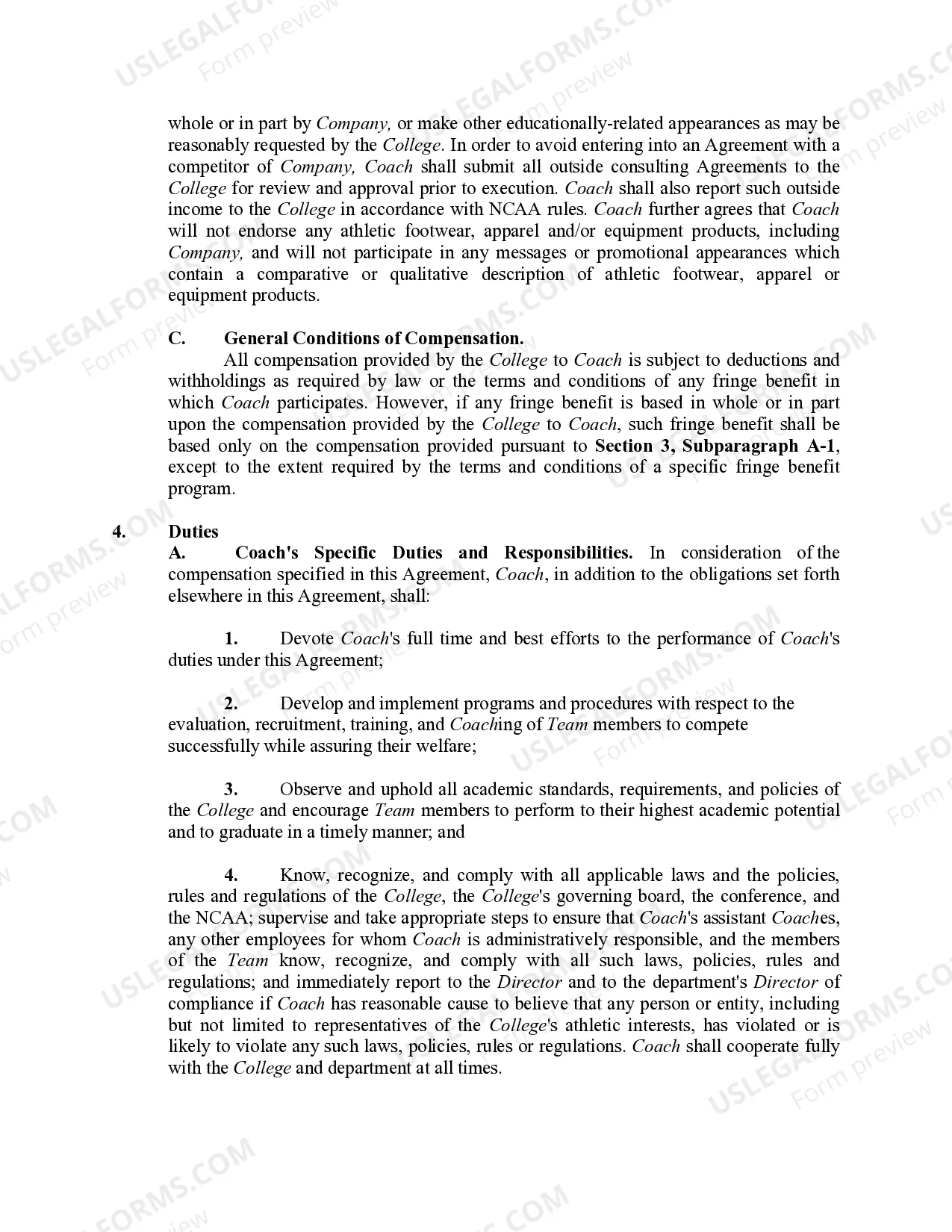 Preview Employment Contract between College and Coach of College Sports Team