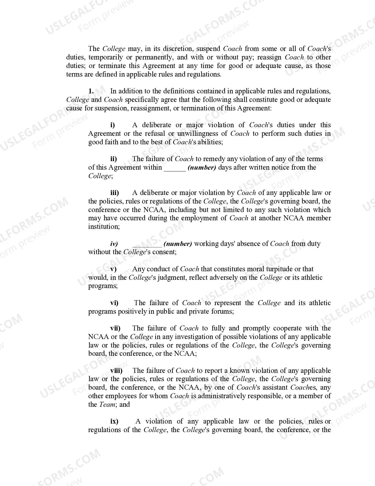 Preview Employment Contract between College and Coach of College Sports Team