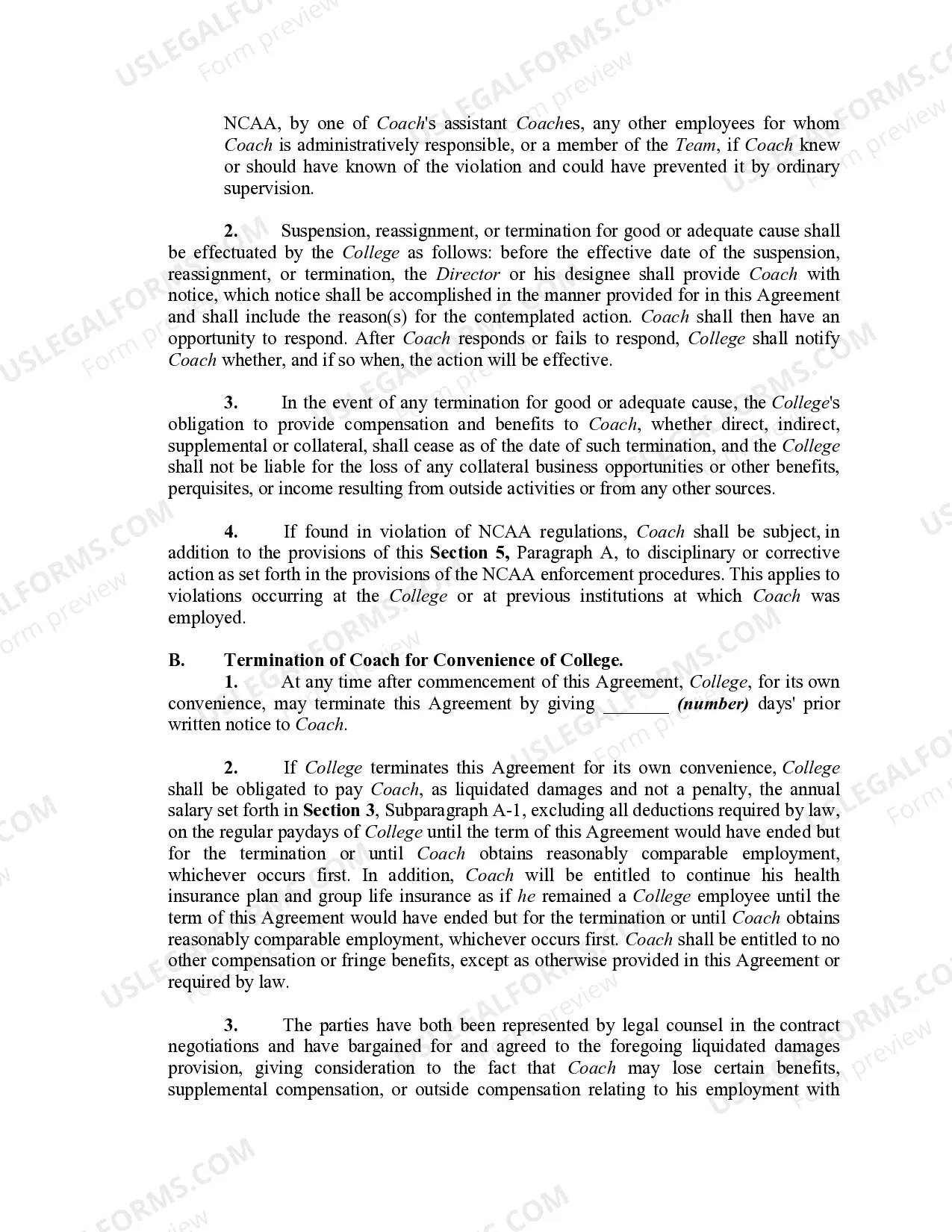 Preview Employment Contract between College and Coach of College Sports Team