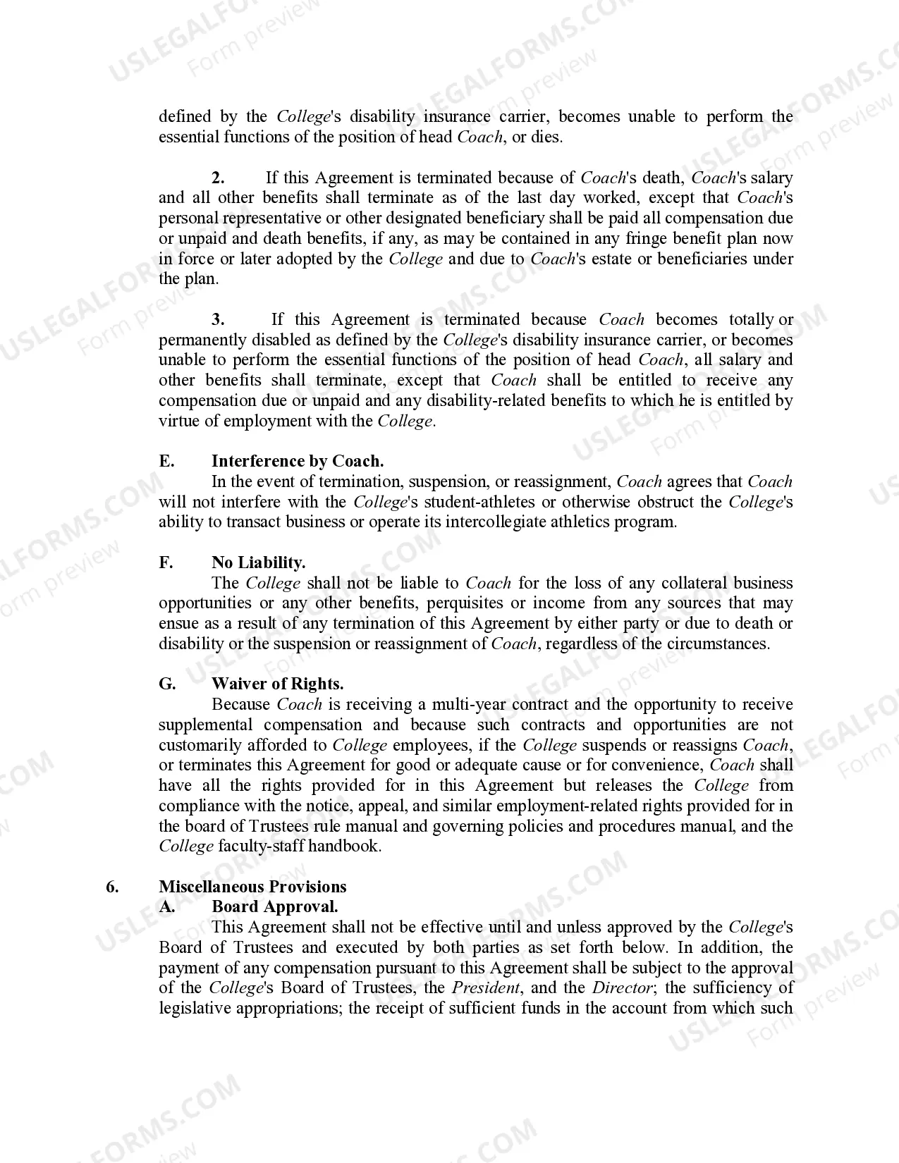 Preview Employment Contract between College and Coach of College Sports Team
