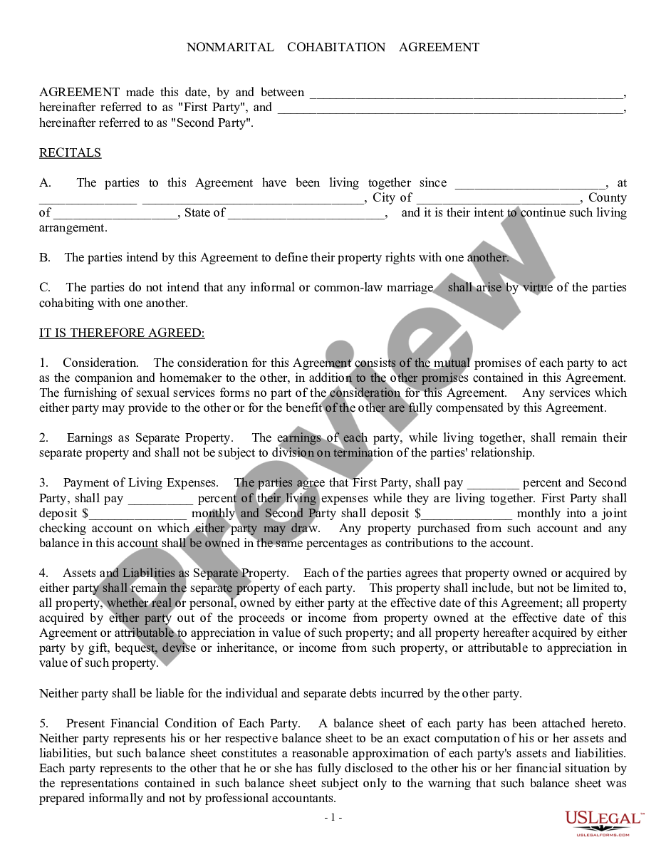page 0 Non-Marital Cohabitation Living Together Agreement preview