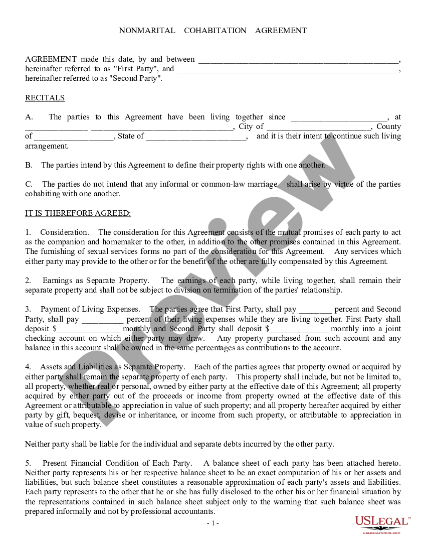 NonMarital Cohabitation Living Together Agreement Cohabitation US