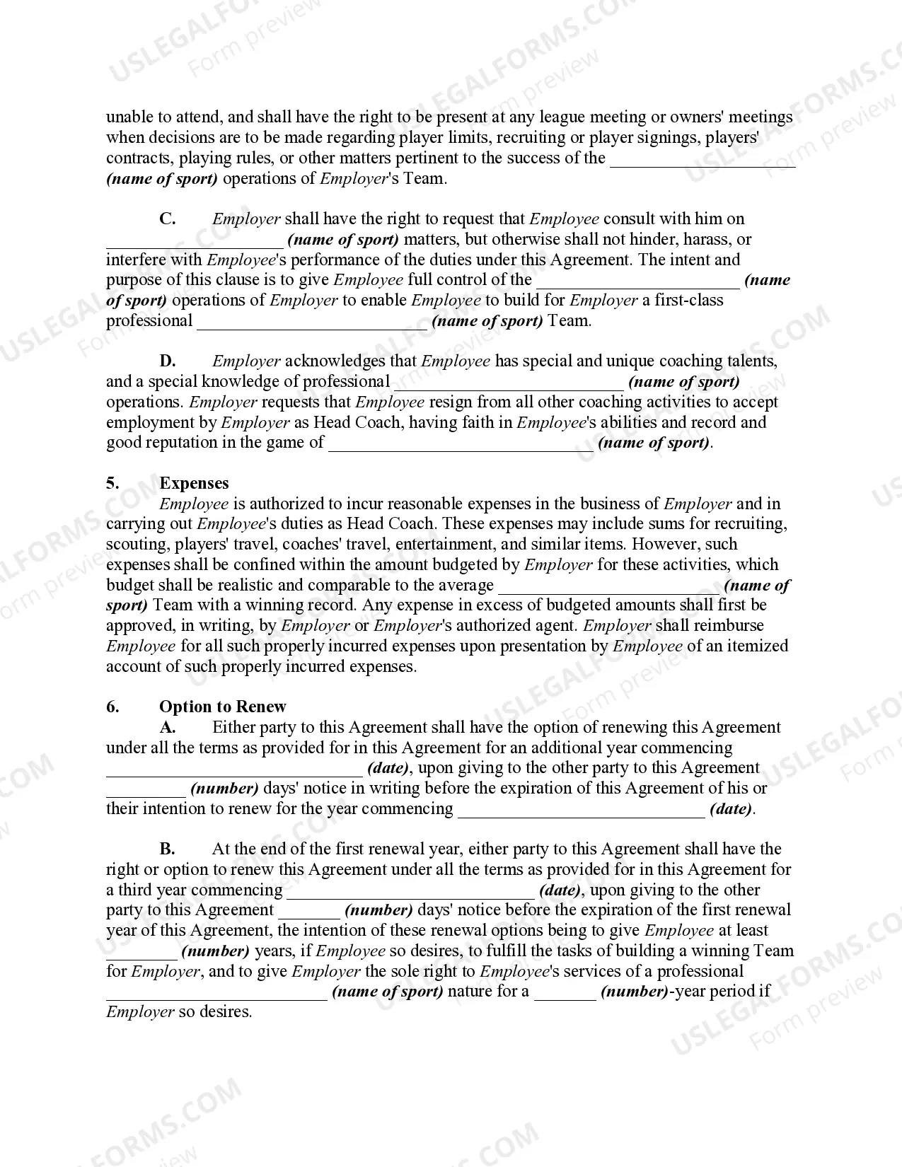 Preview Employment Contract Between Professional Sports Team and Coach