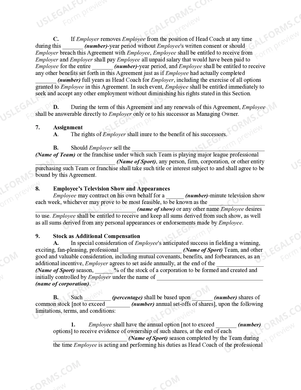 Preview Employment Contract Between Professional Sports Team and Coach