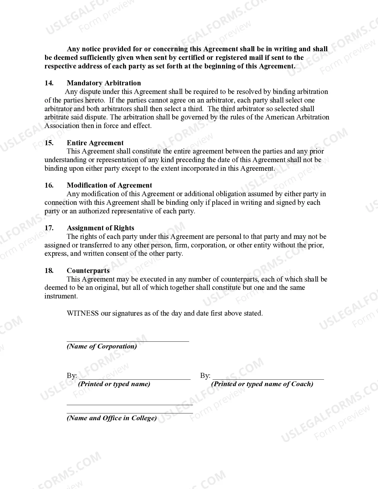 Preview Employment Contract Between Professional Sports Team and Coach