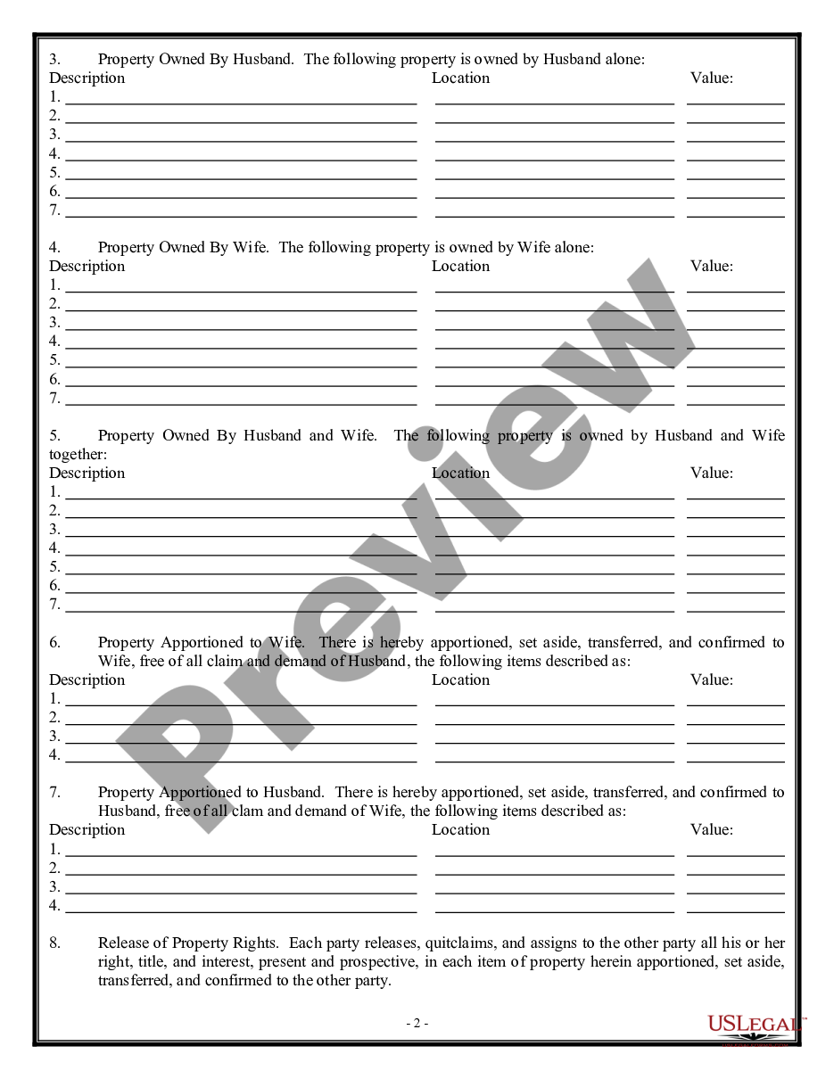 page 1 Separation Agreement, Property Settlement, Support and Custody Agreement preview