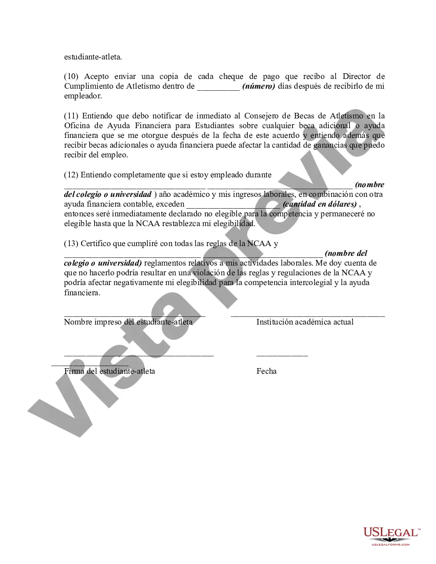 Preview Acuerdo sobre el empleo de estudiantes atletas de acuerdo con el programa de cumplimiento universitario