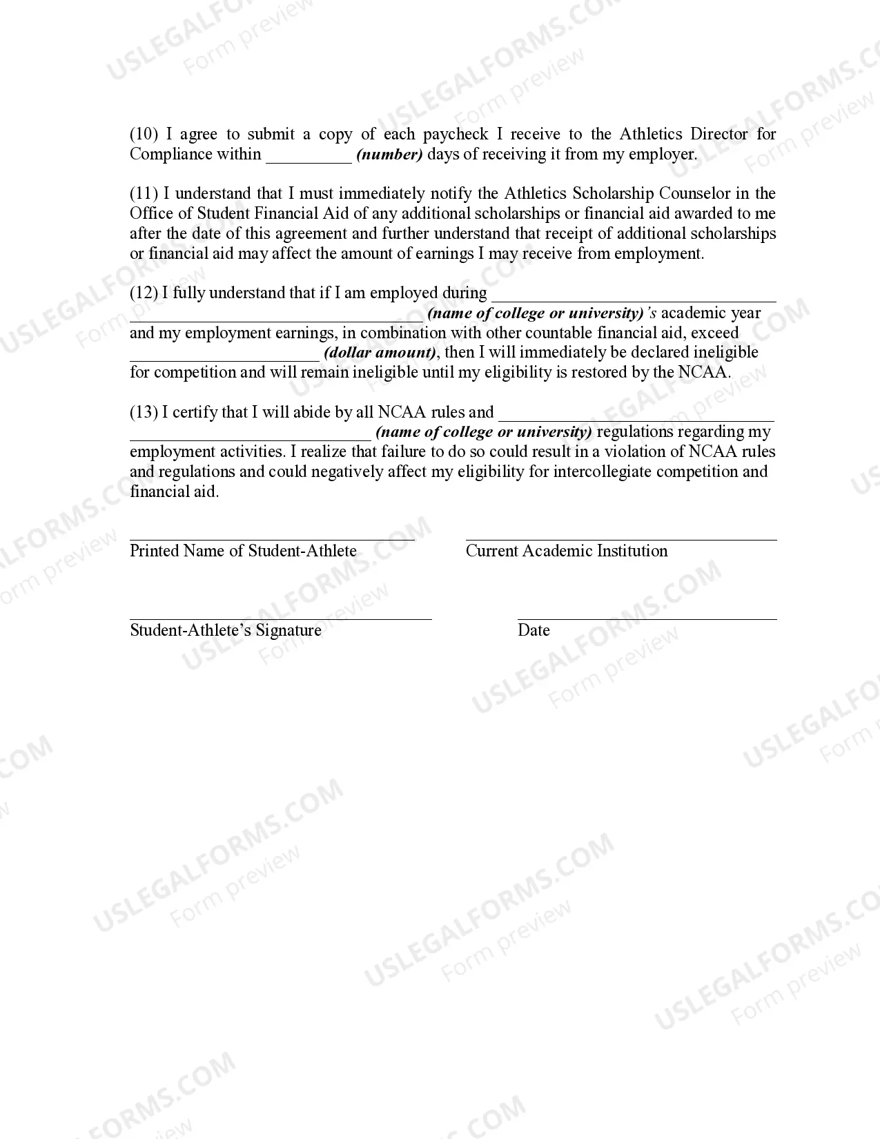 Preview Agreement Regarding Employment of Student-Athlete in Accordance with College Compliance Program