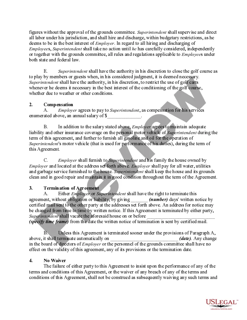 Get Contract of Employment with Golf Course Superintendent Preview Contract of Employment with Golf Course Superintendent