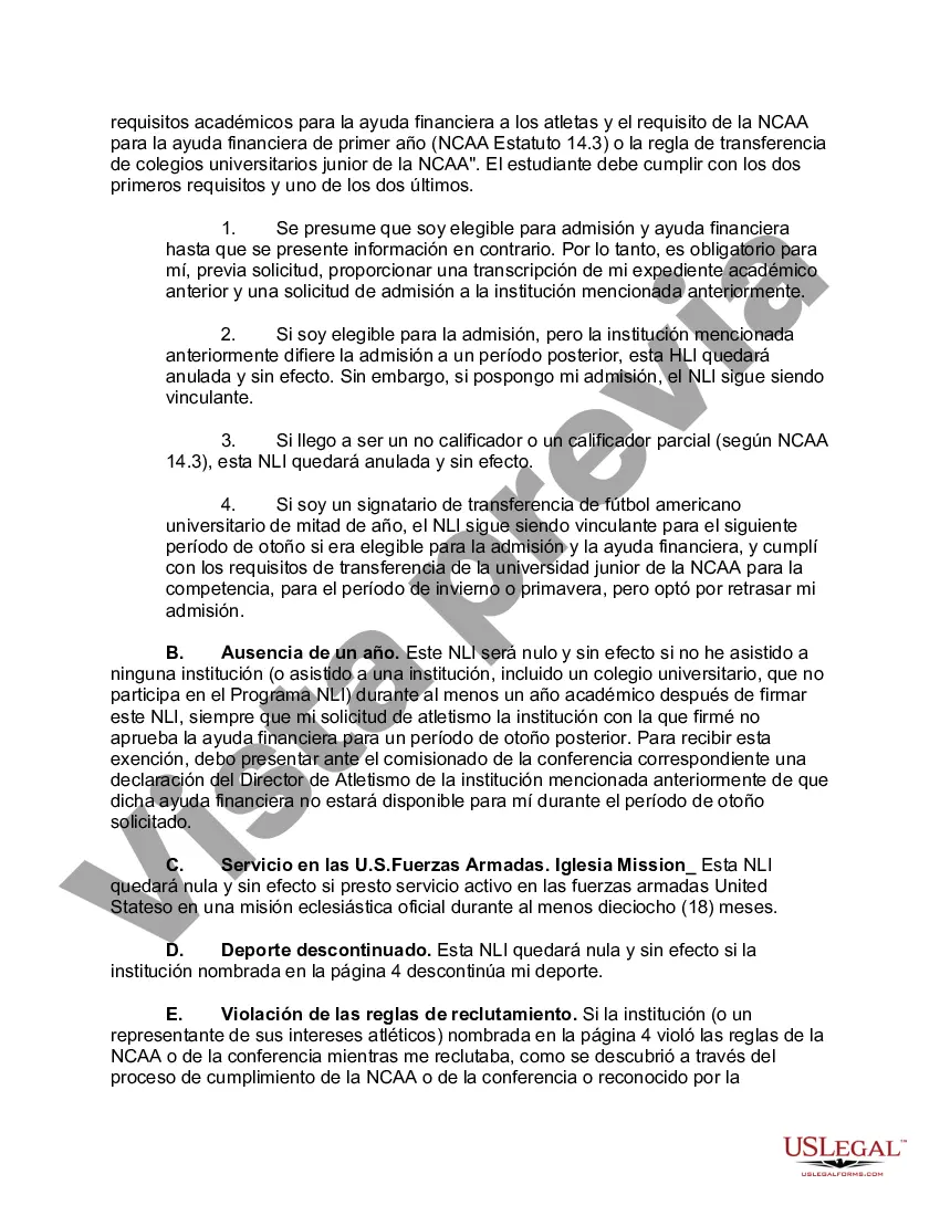 Preview Carta Nacional de Intención para una Beca Deportiva con un Colegio o Universidad Miembro de la NCAA