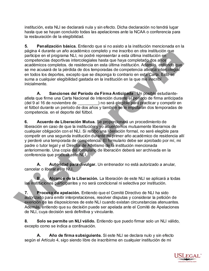Preview Carta Nacional de Intención para una Beca Deportiva con un Colegio o Universidad Miembro de la NCAA