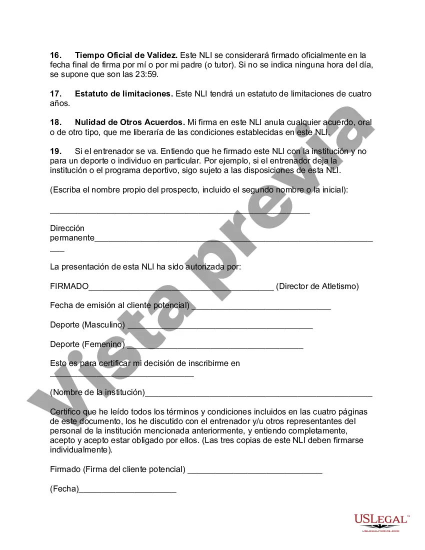Preview Carta Nacional de Intención para una Beca Deportiva con un Colegio o Universidad Miembro de la NCAA