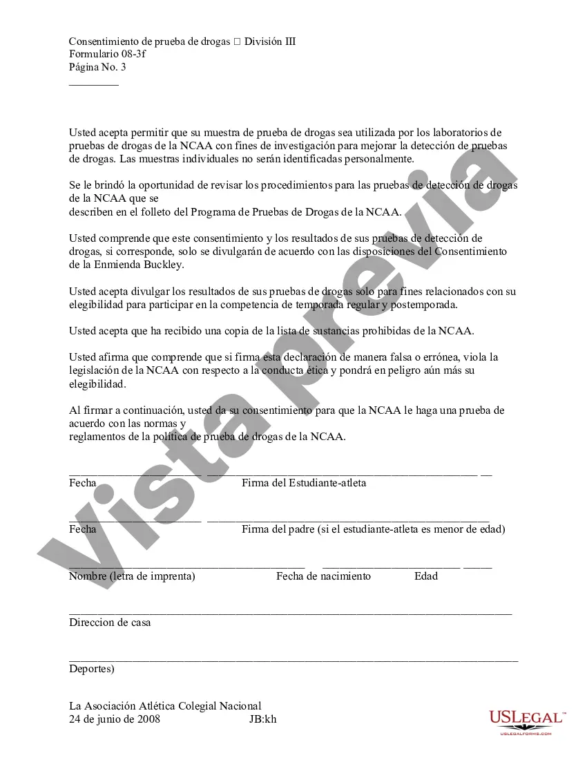 Preview Consentimiento de prueba de drogas para atletismo de la División III de la NCAA