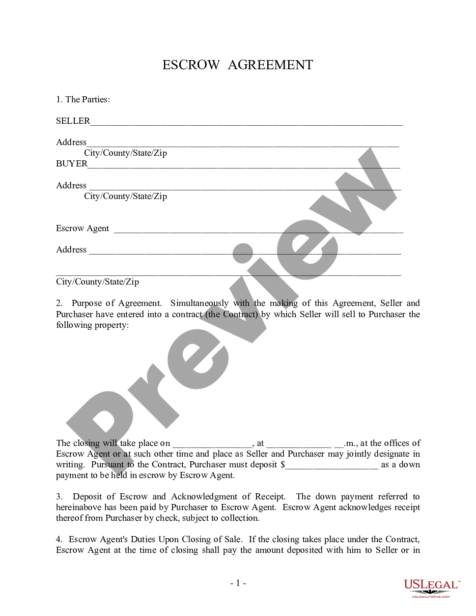 form Escrow Agreement for Residential Sale preview