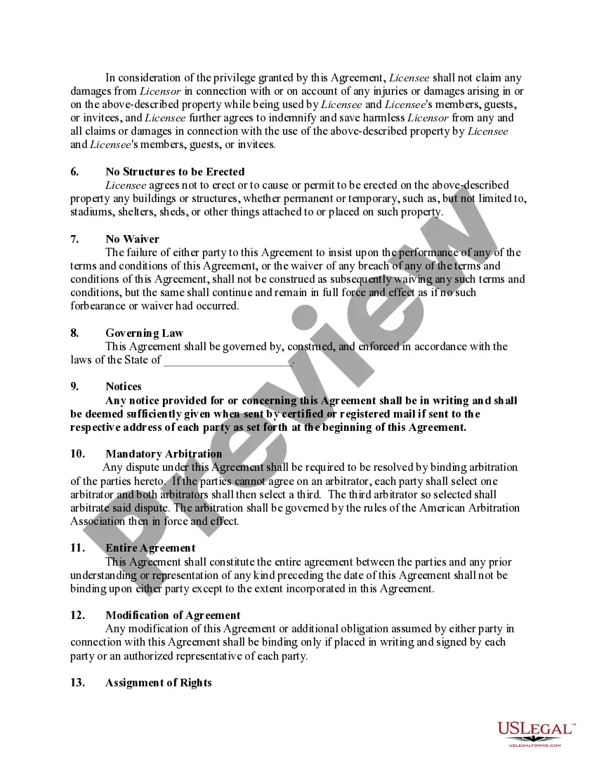 Preview License Agreement for Use of Land for Sports Playing Field