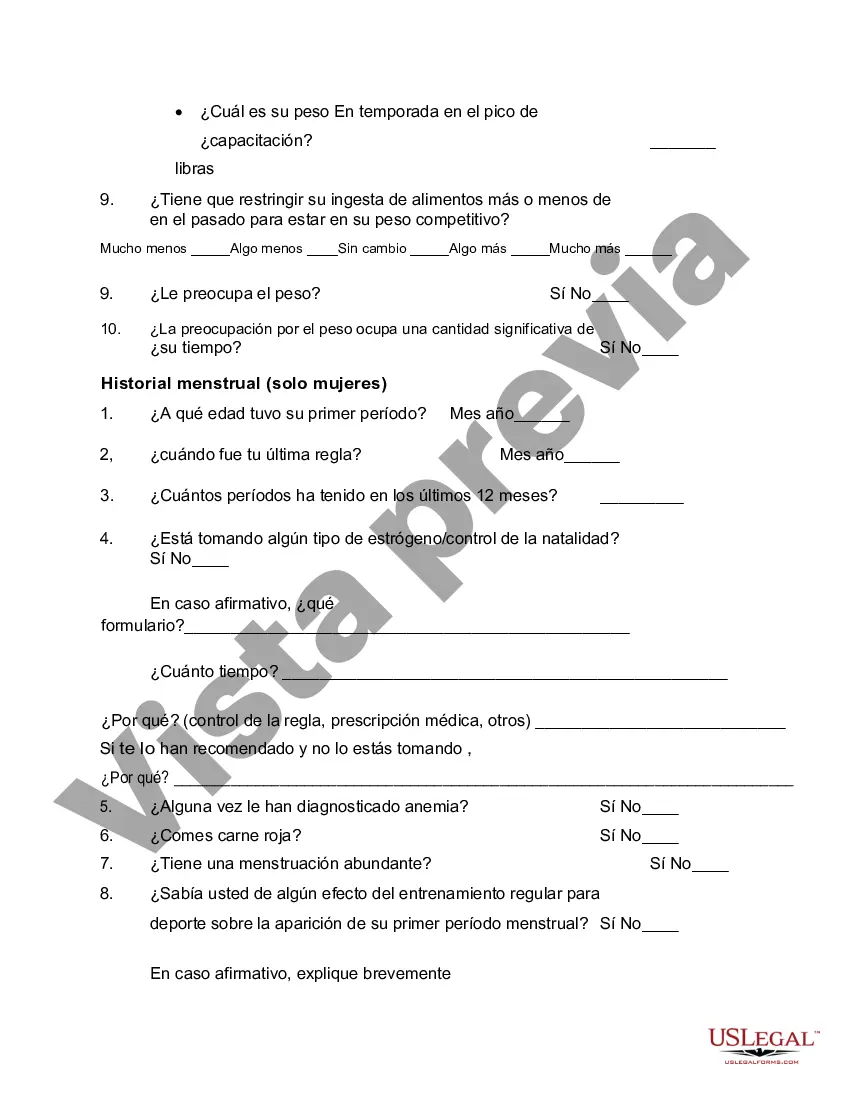 Preview Formulario General de Preparticipación para el Cuestionario de Salud Nutricional del Estudiante-Deportista