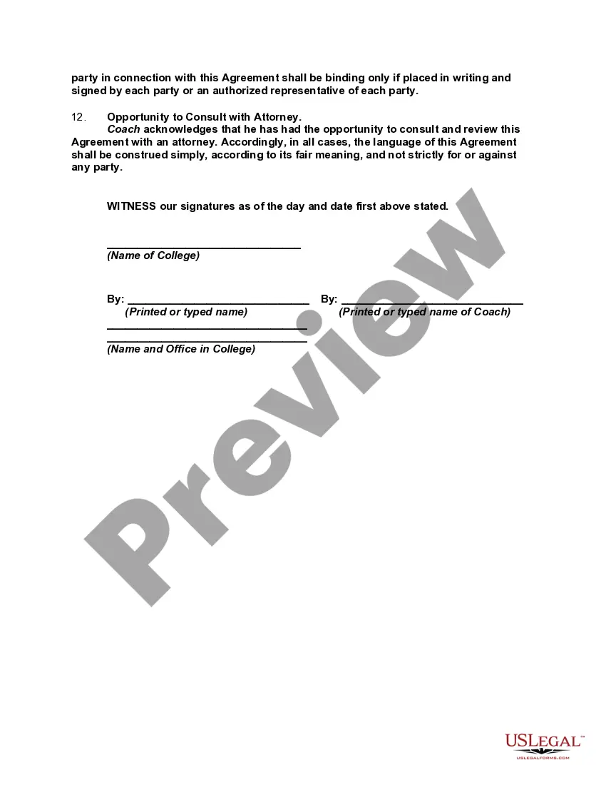 Get Employment Contract between College and Assistant Coach of College Sports Team Preview Employment Contract between College and Assistant Coach of College Sports Team