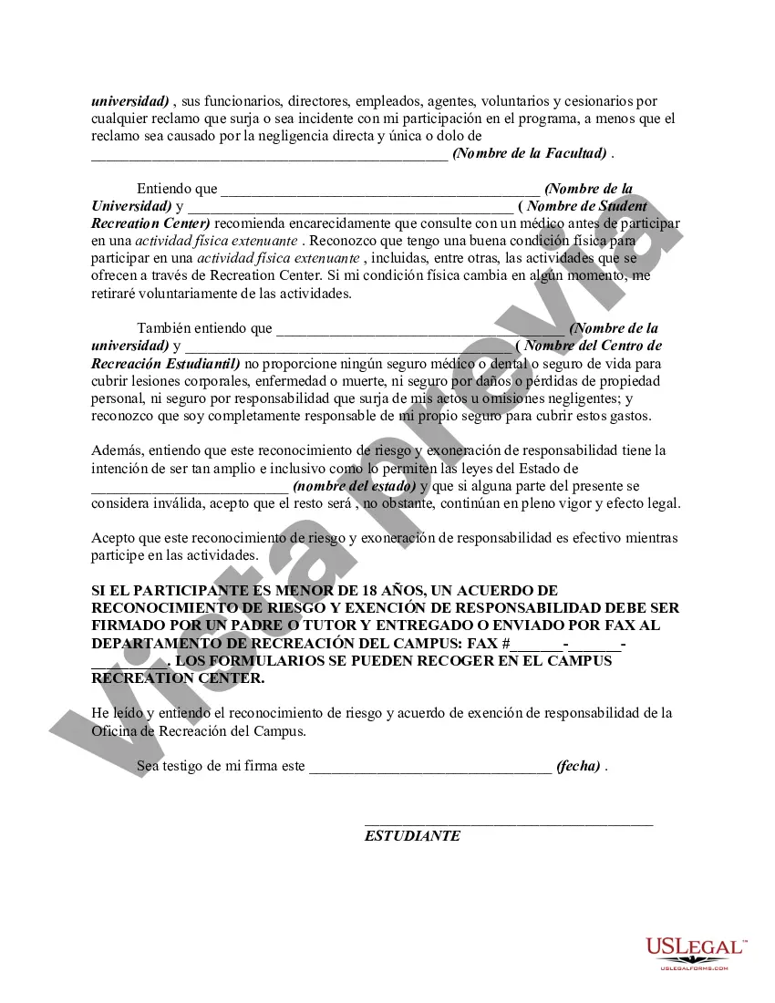 Preview Reconocimiento de Riesgo y Acuerdo de Exención de Responsabilidad del Estudiante que Quiere Usar el Centro Recreativo Universitario
