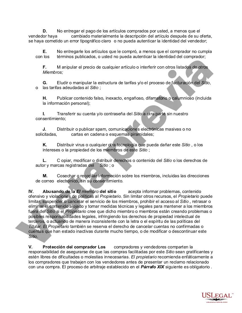 Get Acuerdo de usuario de suscripción al sitio web - Condiciones de uso del sitio web que ofrece a los miembros la oportunidad de vender productos en línea Preview Acuerdo de usuario de suscripción al sitio web - Condiciones de uso del sitio web que ofrece a los miembros la oportunidad de vender productos en línea