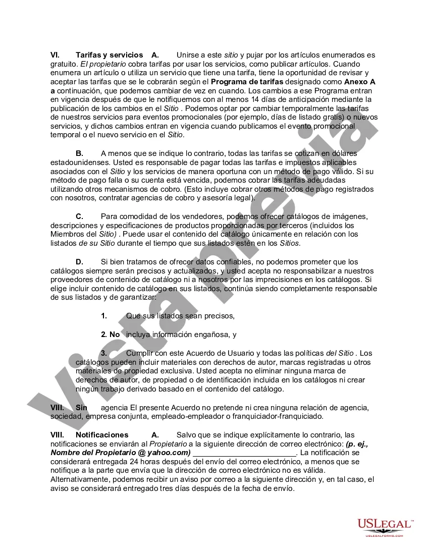Get Acuerdo de usuario de suscripción al sitio web - Condiciones de uso del sitio web que ofrece a los miembros la oportunidad de vender productos en línea Preview Acuerdo de usuario de suscripción al sitio web - Condiciones de uso del sitio web que ofrece a los miembros la oportunidad de vender productos en línea