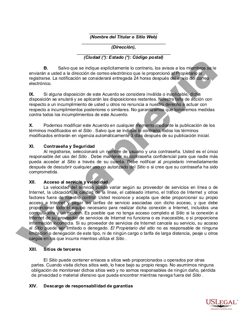 Get Acuerdo de usuario de suscripción al sitio web - Condiciones de uso del sitio web que ofrece a los miembros la oportunidad de vender productos en línea Preview Acuerdo de usuario de suscripción al sitio web - Condiciones de uso del sitio web que ofrece a los miembros la oportunidad de vender productos en línea