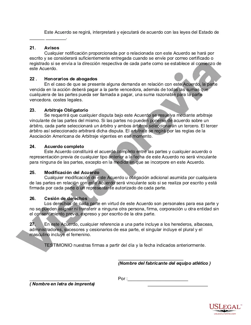 Preview Acuerdo de patrocinio entre el atleta y el fabricante de equipos deportivos