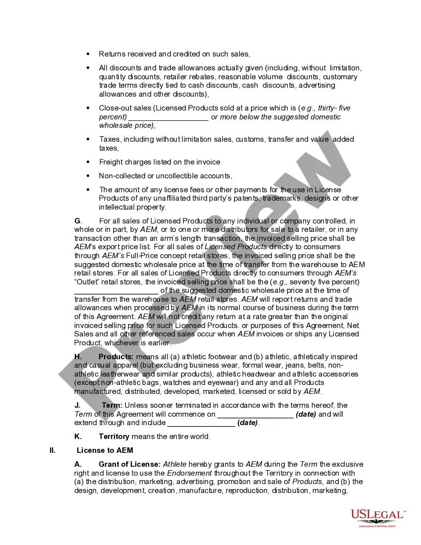 Preview Endorsement Agreement between Athlete and Athletic Equipment Manufacturer