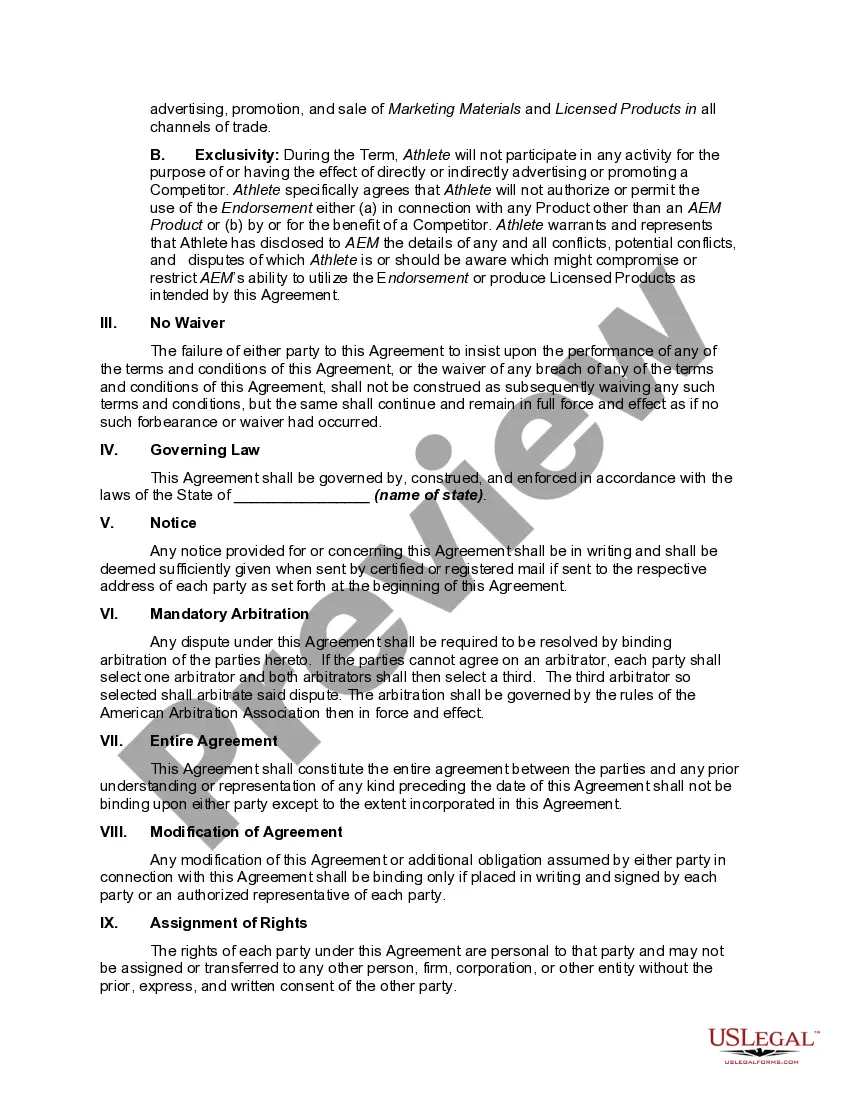 Preview Endorsement Agreement between Athlete and Athletic Equipment Manufacturer