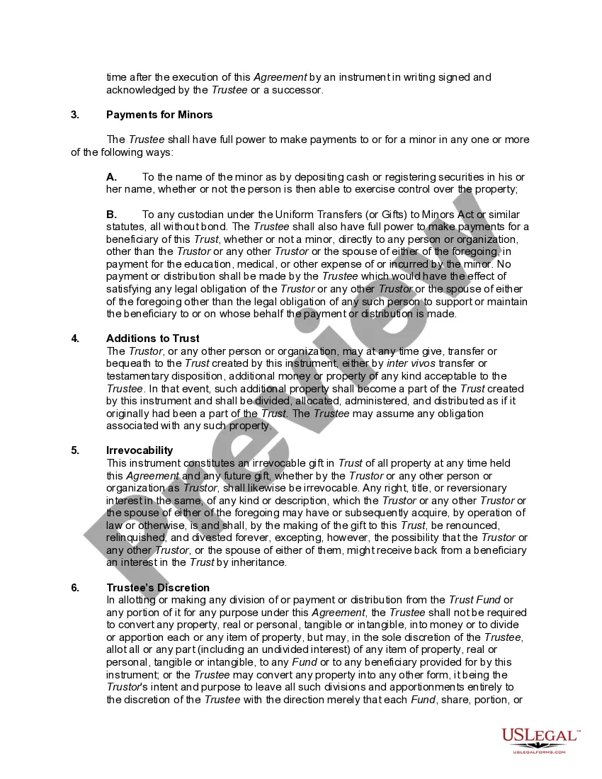 Get Irrevocable Trust Agreement for Benefit of Trustor's Children Discretionary Distributions of Income and Principal Preview Irrevocable Trust Agreement for Benefit of Trustor's Children Discretionary Distributions of Income and Principal