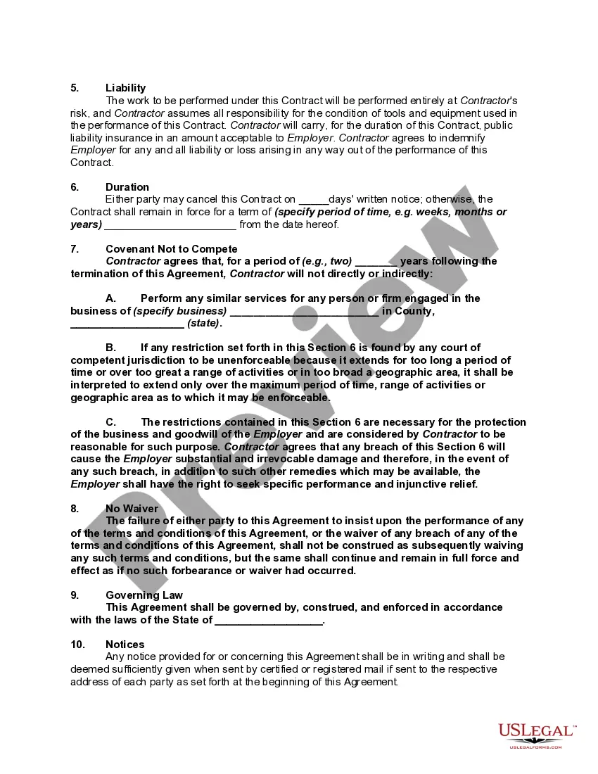 Get Contract with Self-Employed Independent Contractor with Covenant Not to Compete Preview Contract with Self-Employed Independent Contractor with Covenant Not to Compete