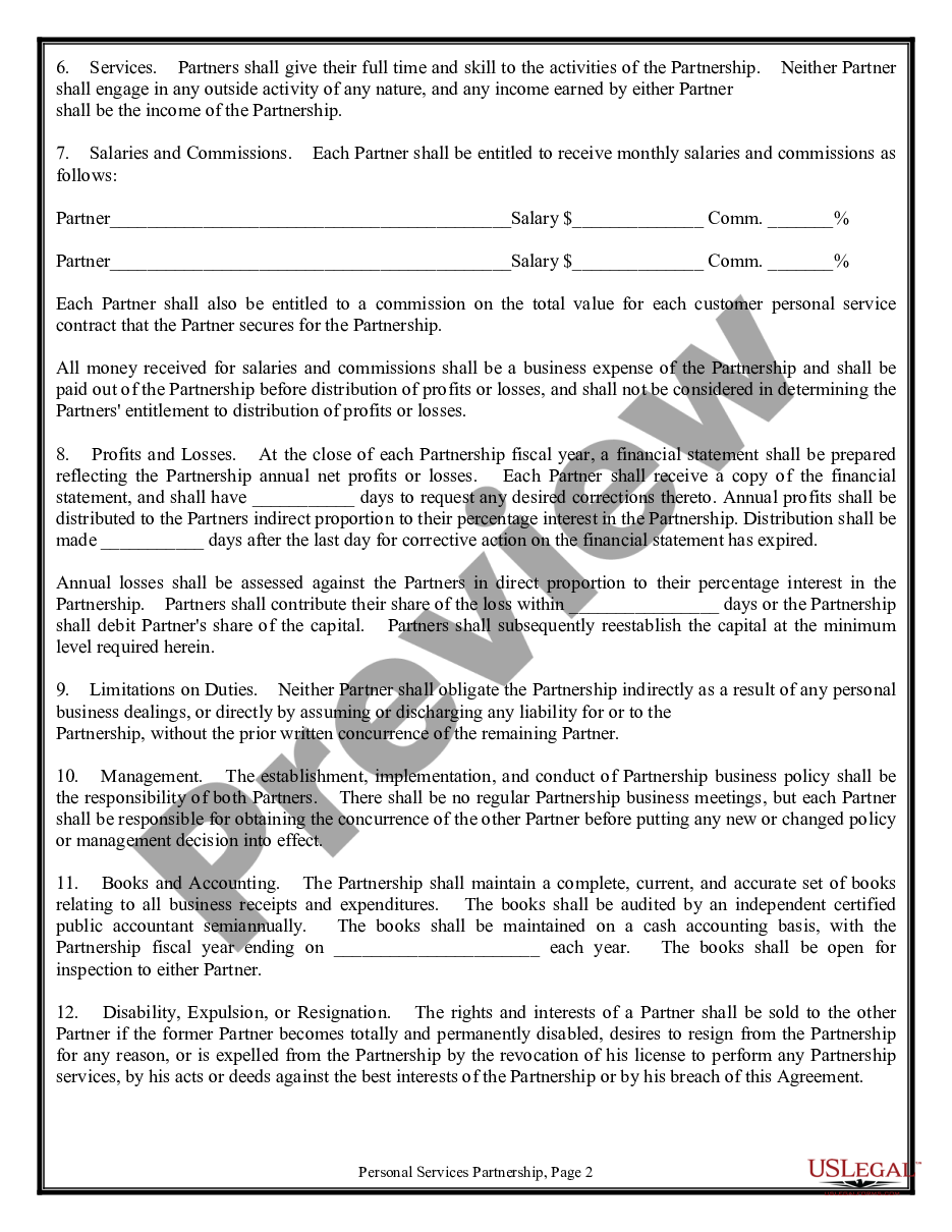page 1 Personal Services Partnership Agreement preview