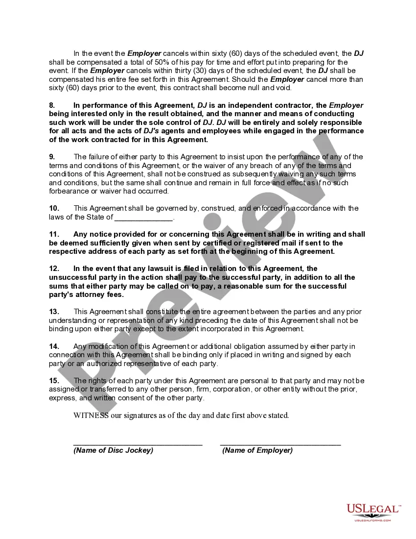 Preview Contract for Services of Disc Jockey