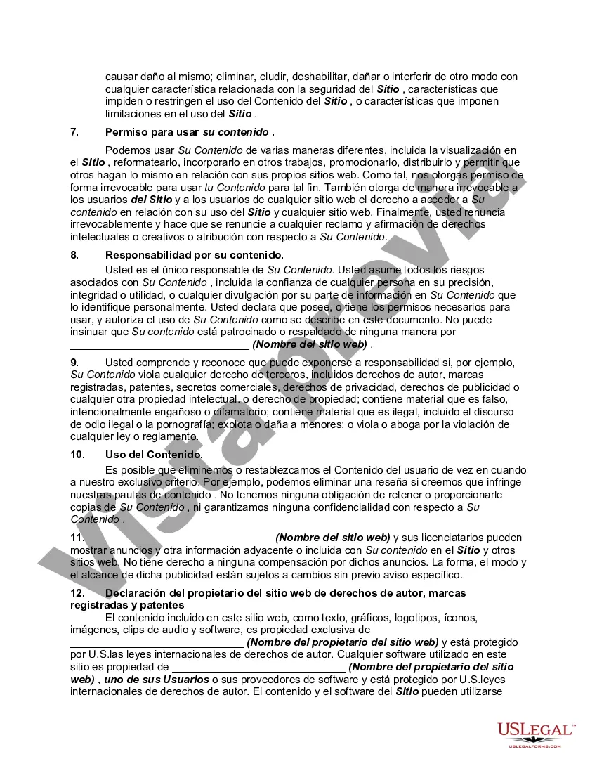 Get Acuerdo de usuario de suscripción al sitio web: términos de uso para un sitio web que invita a publicar y no se dedica principalmente a la venta de productos o servicios Preview Acuerdo de usuario de suscripción al sitio web: términos de uso para un sitio web que invita a publicar y no se dedica principalmente a la venta de productos o servicios